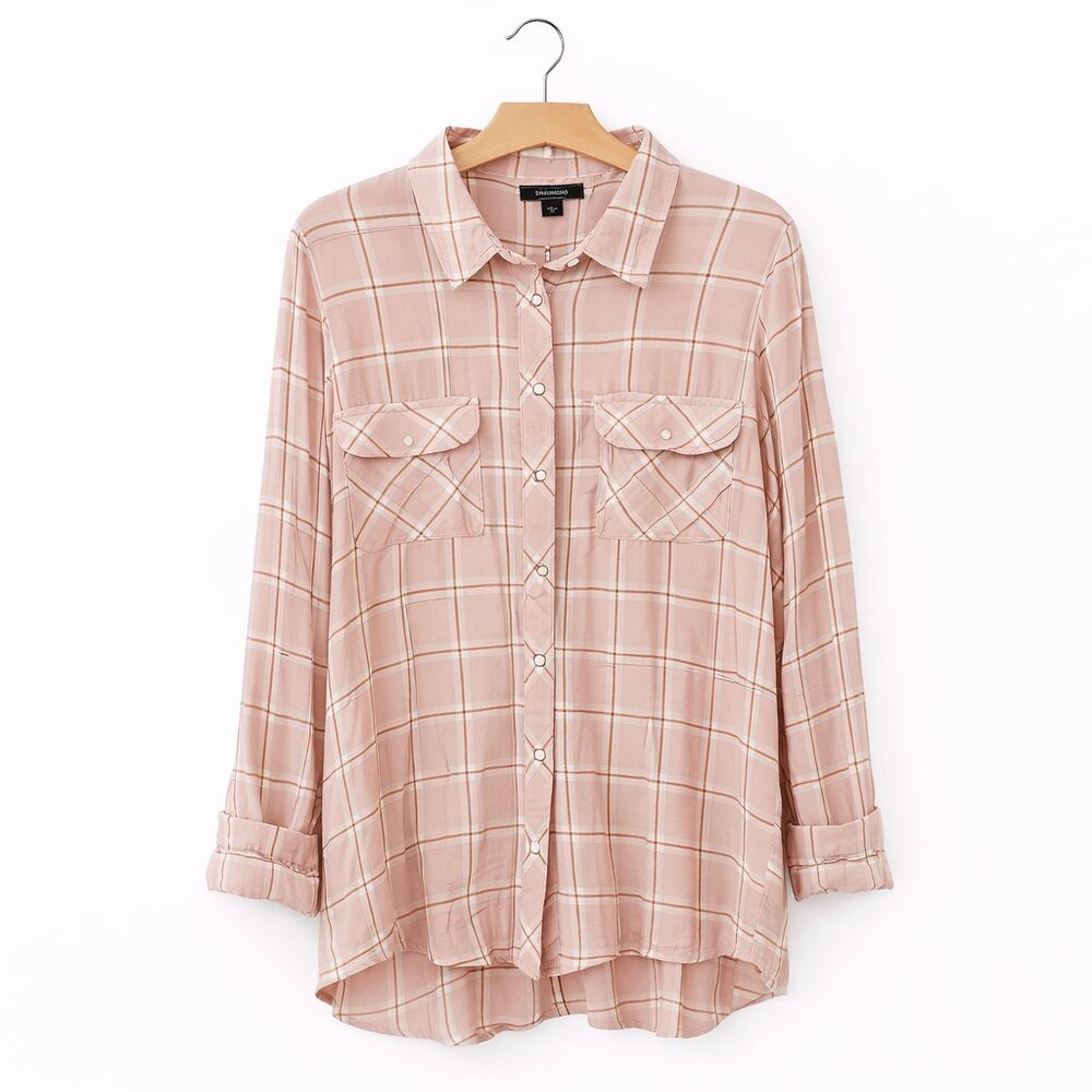 LOVE & LEGEND | Pink & White Plaid Sheer Button-Up Blouse – Women’s Size 20